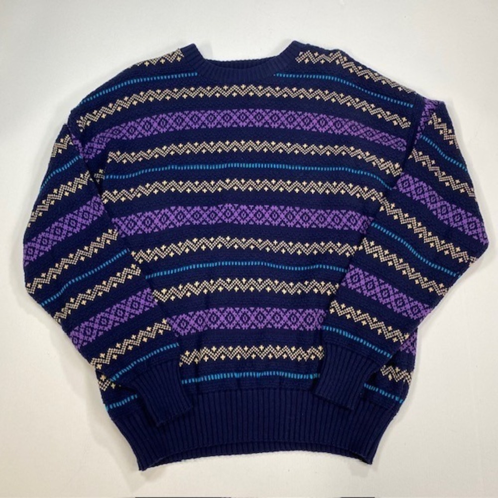 Lake Harmony Vintage Navy Blue Geometric Pattern‎ Cotton Sweater Mens Size L